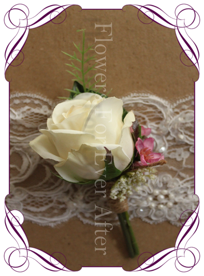 ivory silk rose groom groomsmen boutonierre button rustic wedding bridal flowers