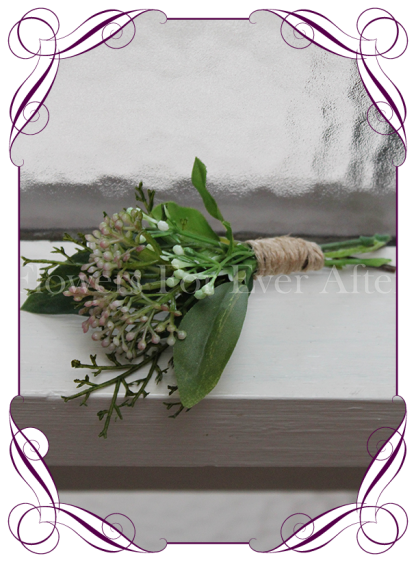 Grooms / mens wedding flower button, in a boho theme with berries and foliage. Twine on stem for a rustic look