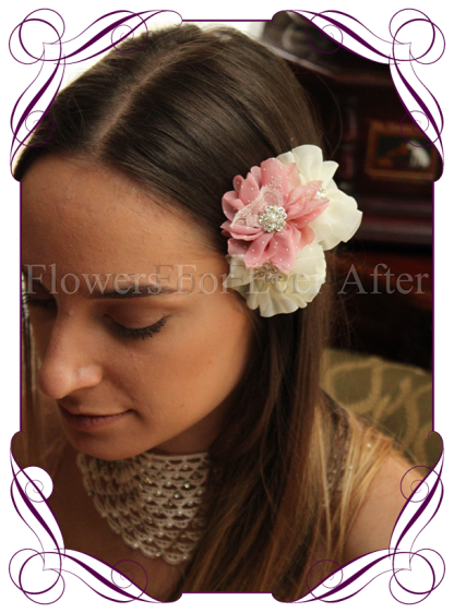 Pink and Ivory fabric flower pearl and bling hair pins. Made in Melbourne. Shipping world wide