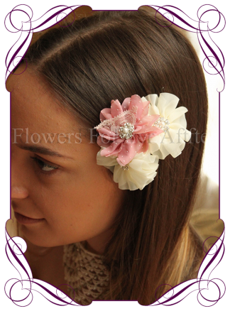 Pink and Ivory fabric flower pearl and bling hair pins. Made in Melbourne. Shipping world wide