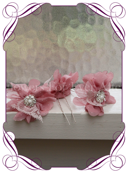 Pink fabric flower lace pearl and bling hair pins. Made in Melbourne. Shipping world wide