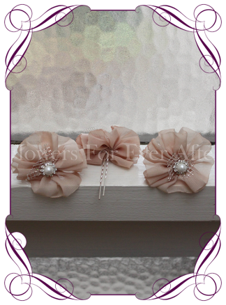 Champagne fabric flower pearl and bling hair pins. Made in Melbourne. Shipping world wide