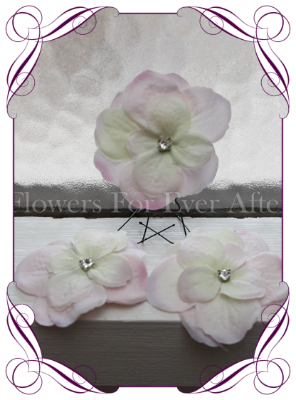Blush pink hydrangea flower and bling hair pins. Made in Melbourne. Shipping world wide