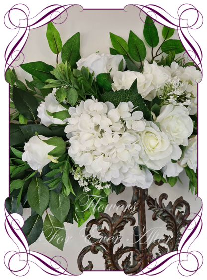 Silk artificial native eucalypt gum leaves, white hydrangea and rose wedding arbor arch table decoration. Can be a package with matching tieback flowers. Made in Australia. Buy online.