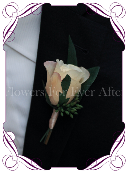 rustic champagne cream silk wedding flower gent / groomsmens button boutonniere. Rose and native gum foliage