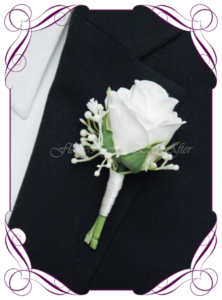 Classic white silk artificial gents wedding formal button boutonniere with babys breath