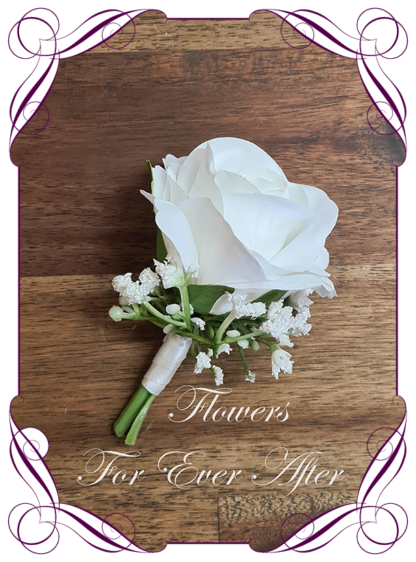 Men's Wedding flower in classic white silk flowers. Artificial groomsmen wedding formal button boutonniere with faux babys breath. Made in Melbourne Australia. Buy Online now.