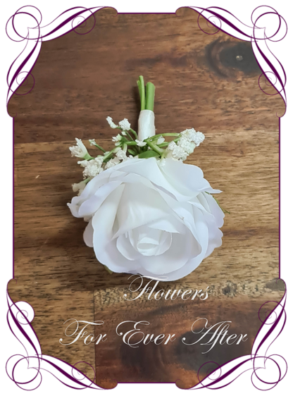 Men's Wedding flower in classic white silk flowers. Artificial gents wedding formal button boutonniere with faux babys breath. Made in Melbourne Australia. Buy Online now.