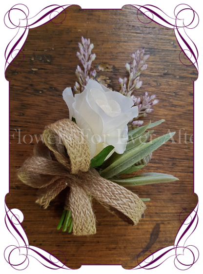 Ladies silk artificial pinned corsage for weddings and formal / deb events. With ivory rose, protea buds and mauve lavender spray with burlap braided ribbon work. Buy online.