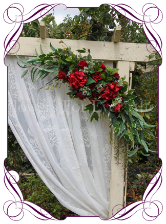 Silk artificial corner style red hydrangea, baby's breath and rose wedding arbor arch table decoration. Can be a package with matching tieback flowers. Made in Australia. Buy online.