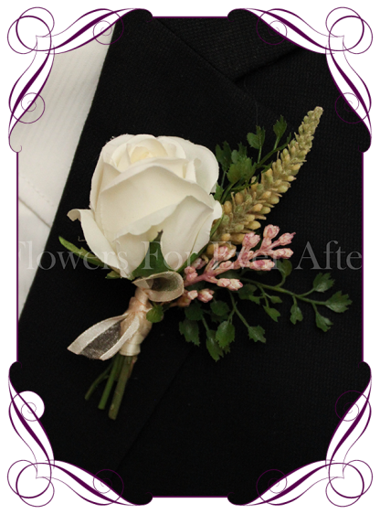 silk artificial fake mens / groom / groomsman wedding buttonhole flower boutonniere. Formal Prom gents flower