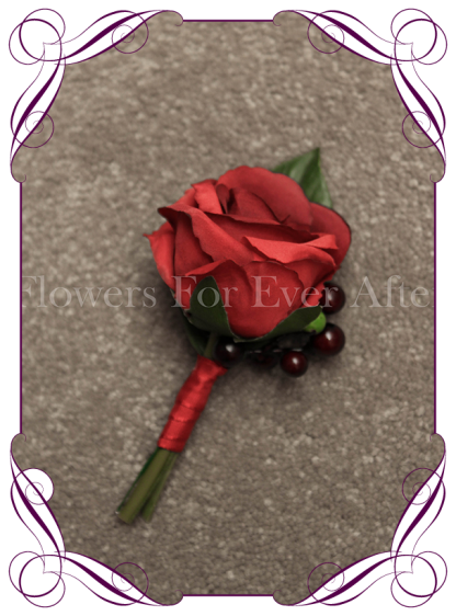 Silk artificial red rose and berry gents / mens / groom / groomsmans formal / wedding / prom button boutonniere flower . Made in Australia, Buy online