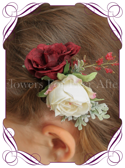 Silk artificial boho rustic wedding hair floral comb with pink/cream rose, burgundy rose and fine red berries.