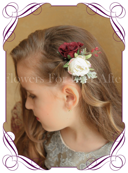Silk artificial boho rustic wedding hair floral comb with pink/cream rose, burgundy rose and fine red berries.