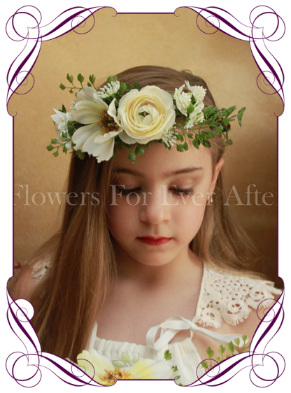 Silk artificial white boho wedding flower girls posy bouquet with ranunculi, cosmo, and dainty flowers and foliage.