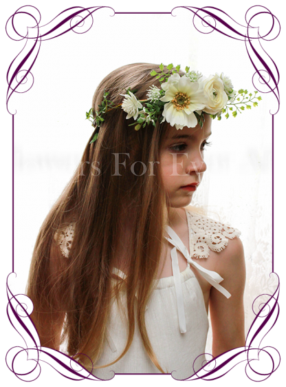 Silk artificial white boho wedding flower girls posy bouquet with ranunculi, cosmo, and dainty flowers and foliage.
