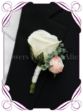 Silk artificial White and blush pink groom / groomsmans / gents wedding button boutonniere for wedding formal prom. Buy online.