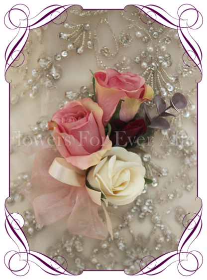 Silk artificial rose pink and cream ladies corsage. Wedding formal prom corsage. Buy online. Shipping worldwide.