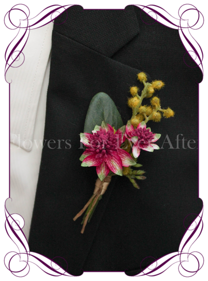 Men's wedding flowers faux silk artificial groom gents wedding formal button boutonniere in pink and yellow. Made in Melbourne Australia