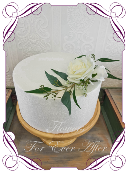 Silk artificial rustic boho white roses baby's breath and gum leaves wedding engagement cake topper decoration. Made in Melbourne Australia by Australia's best silk florist.