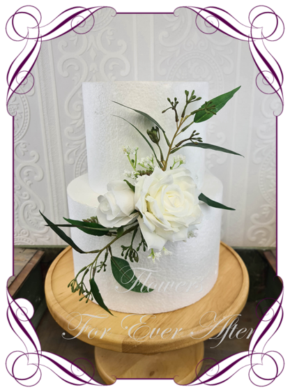 Silk artificial rustic boho white roses baby's breath and gum leaves wedding engagement cake topper decoration. Made in Melbourne Australia by Australia's best silk florist.