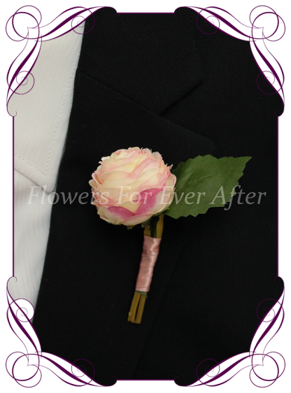Silk artificial mixed pink ranunculi mens gents button boutonniere for wedding formal prom.