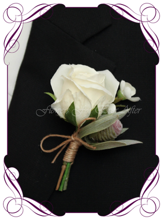 silk artificial native protea bud and rose mens gents button boutonniere for wedding, prom, formal. Grooms groomsmans flower