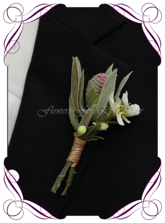 silk artificial native protea bud rustic mens gents button boutonniere for wedding, prom, formal. Grooms groomsmans flower