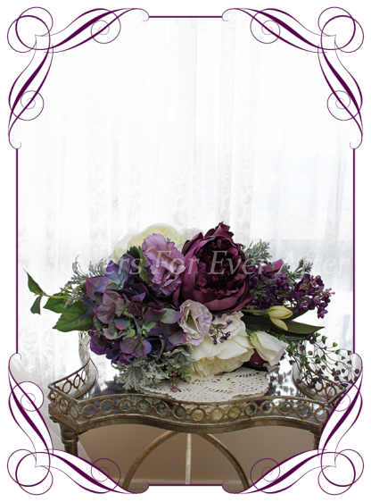 Silk artificial mixed purple and lilac elegant wedding bridal bouquet posy. Roses, hydrangea, peonies. Made in Melbourne Australia, quick post worldwide. Ready to go bouquet. Elopement. Eloping bouquet flowers.