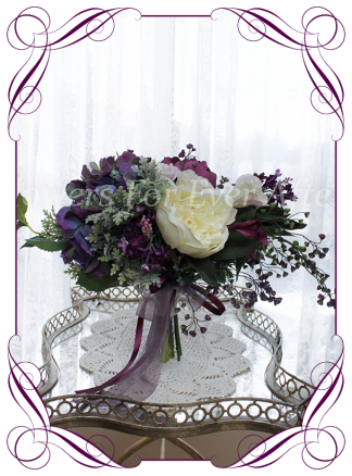 Silk artificial mixed purple and lilac elegant wedding bridal bouquet posy. Roses, hydrangea, peonies. Made in Melbourne Australia, quick post worldwide. Ready to go bouquet. Elopement. Eloping bouquet flowers.