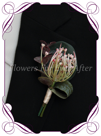 Silk artificial blush pink native Australian foliage mens gents button boutonniere for wedding formal prom.