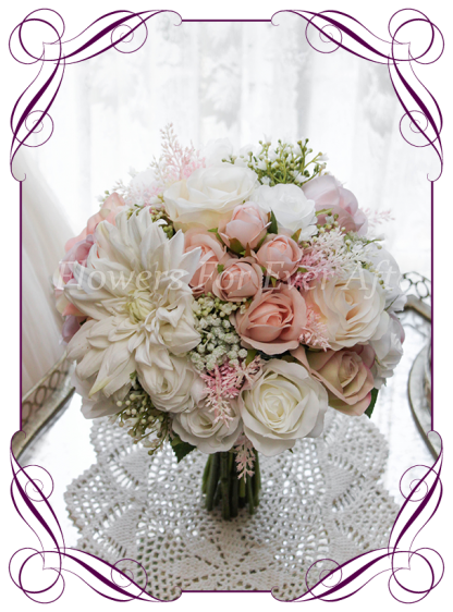 A Gorgeous Silk Artificial Bridal Bouquet posy, featuring faux flower dahlia, babies breath, roses and textures in a classic bridal style, pink wedding flowers, traditional wedding bouquets. Made in Melbourne by Australia's Best Artificial Bridal Florist. Worldwide Shipping available