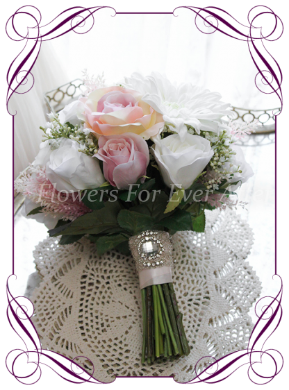 A Gorgeous Silk Artificial Bridal Bouquet posy, featuring faux flower dahlia, babies breath, roses and textures in a classic bridal style, pink wedding flowers, traditional wedding bouquets. Made in Melbourne by Australia's Best Artificial Bridal Florist. Worldwide Shipping available