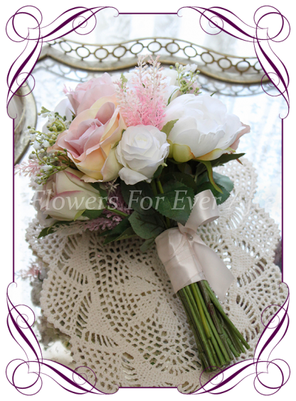 A Gorgeous Silk Artificial Bridesmaids Posy, featuring faux flower dahlia, babies breath, roses and textures in a classic bridal style, pink wedding flowers, traditional wedding bouquets. Made in Melbourne by Australia's Best Artificial Bridal Florist. Worldwide Shipping available