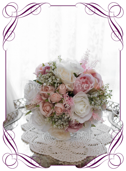 A Gorgeous Silk Artificial Bridesmaids Posy, featuring faux flower dahlia, babies breath, roses and textures in a classic bridal style, pink wedding flowers, traditional wedding bouquets. Made in Melbourne by Australia's Best Artificial Bridal Florist. Worldwide Shipping available