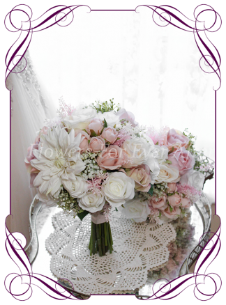 A Gorgeous Silk Artificial Bridal Flower Package, Brides Bouquet, Bridesmids Posy, Boutonierre, Corsages, featuring faux flower dahlia, babies breath, roses and textures in a classic bridal style, pink wedding flowers, traditional wedding bouquets. Made in Melbourne by Australia's Best Artificial Bridal Florist. Worldwide Shipping available