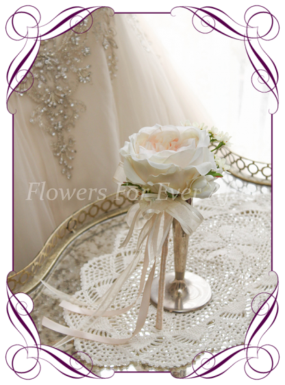 A romantic silk Artificial flower girl wand featuring faux flower blush champagne David Austin rose. Made in Melbourne by Australia's Best Artificial Bridal Florist. Worldwide Shipping available. Buy online