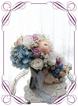 Artificial Bridal Flower Package, Bridal Bouquet, Bridesmaid Posy, Boutonierre, Corsage, Featuring Faux Flower Hydrangea, Roses Peonies and Buds. Finished in soft flowing ribbons. Made in Melbourne by Melbournes Best Silk Wedding Florist. Shipping Worldwide