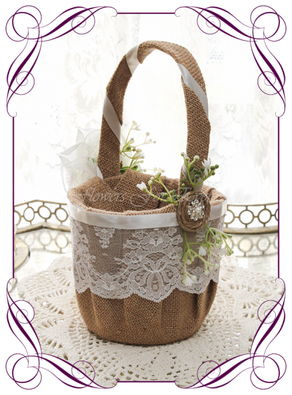 Silk artificial decorated rustic lace burlap and baby's breath gyp flower girl wedding basket. Made in Melbourne Shipping world wide. Buy online