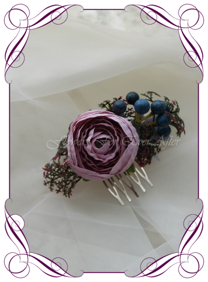 Silk artificial floral hair comb , for wedding, engagement, party. Suitable for adults and child flower girl. Mauve and navy berry. Buy online. Made in Melbourne.