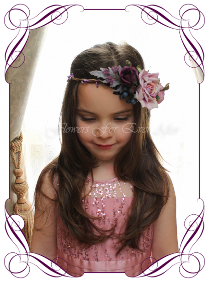 Silk artificial floral hair crown halo, for wedding, engagement, party. Suitable for adults and child flower girl. Mauve, purple, and navy berry, moody style. Floral crown ideas.Buy online. Made in Melbourne.