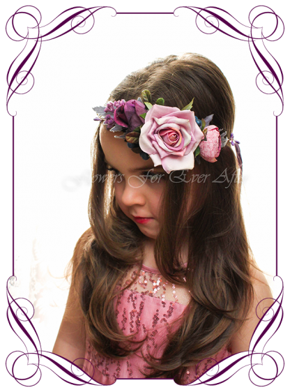 Silk artificial floral hair crown halo, for wedding, engagement, party. Suitable for adults and child flower girl. Mauve, purple, and navy berry, moody style. Floral crown ideas.Buy online. Made in Melbourne.