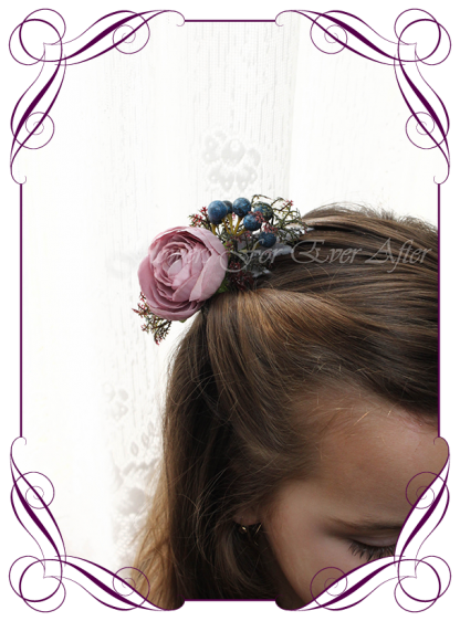 Silk artificial floral hair comb , for wedding, engagement, party. Suitable for adults and child flower girl. Mauve and navy berry. Buy online. Made in Melbourne.