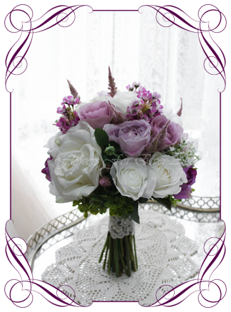 Silk artificial wedding bouquet ideas. Mixed purple lilac and white silk bridal bouquet wedding flowers. Roses, peonies, baby's breath. Cadbury purple flowers. Made in Melbourne. Buy online. Shipping worldwide.