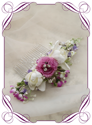 Silk artificial hair flower comb, purple and lilac floral hair piece. Perfect for a wedding, special occasion, birthday party. Made in Melbourne. Buy online.