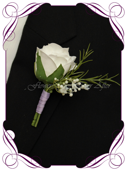 Artificial Faux Bridal Flower Grooms Boutonniere, Silk wedding florist Melbourne. Worldwide Shipping. Gents flower button