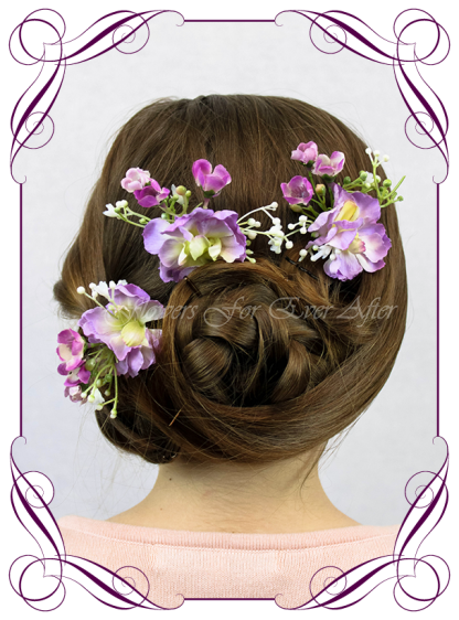 Silk artificial hair flower pins, purple and lilac floral hair piece for scattering. Perfect for a wedding, special occasion, birthday party. Made in Melbourne. Buy online.