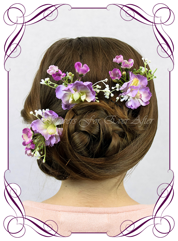 Carrie Purple Hair Flower Pins - Set of 3 | Artificial Bridal Bouquets &  Silk Wedding Flower Packages - Flowers For Ever After®