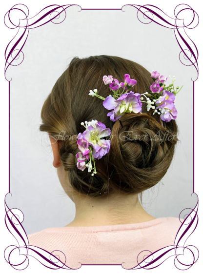 Silk artificial hair flower pins, purple and lilac floral hair piece for scattering. Perfect for a wedding, special occasion, birthday party. Made in Melbourne. Buy online.