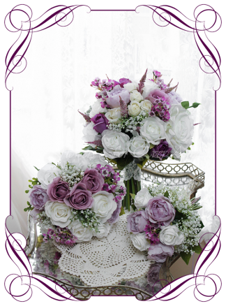 Silk artificial wedding bouquet ideas. Mixed purple lilac and white silk bridal bouquet set wedding flowers package. Roses, peonies, baby's breath. Cadbury purple flowers. Made in Melbourne. Buy online. Shipping worldwide.